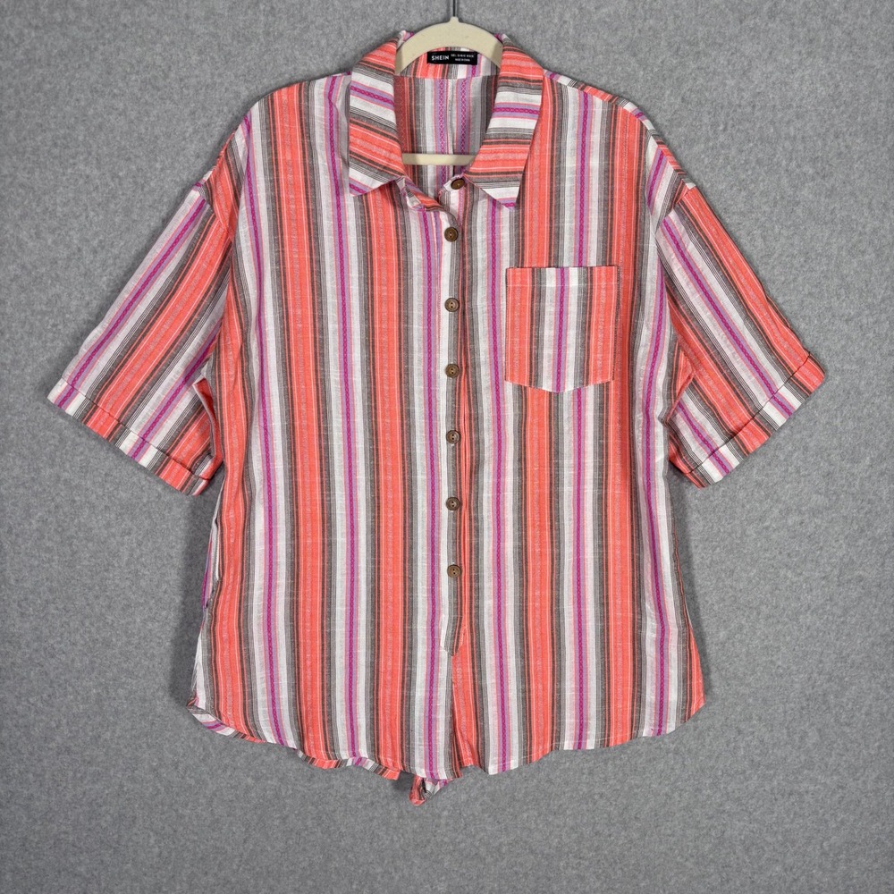 Button Down Romper Shirt Large Orange Stripe Short Sleeve Pockets Oversized